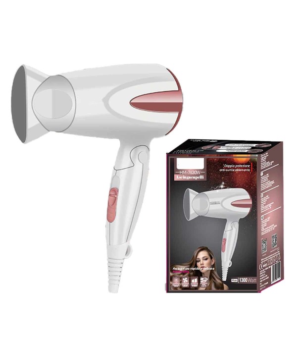 Asciugacapelli Professionale 1300W con 2 Velocita Temperatura con Manico Pieghevole e Gancio per Appendere Bianco Rosa