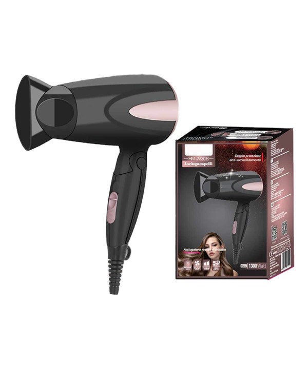 Asciugacapelli Professionale 1300W con 2 Velocita Temperatura con Manico Pieghevole e Gancio per Appendere Nero Rosa