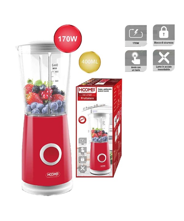 Frullatore Elettrico da Cucina 400mL 170W per Verdure e Frutta con Modalita Impulso 4 Lame Inox Colore Rosso