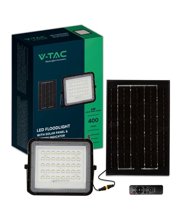Faro LED con Telecomando e Pannello Solare 6W 400LM Indicatore Batteria Cavo da 3m Colore Nero 4000K SKU-7822