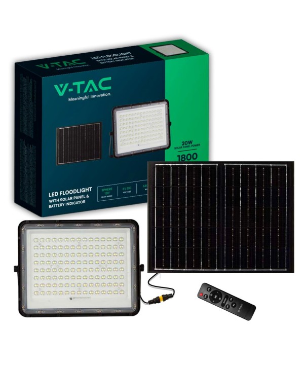 Faro LED con Telecomando e Pannello Solare 20W 1800LM Indicatore Batteria Cavo da 3m Colore Nero 4000K SKU-7828