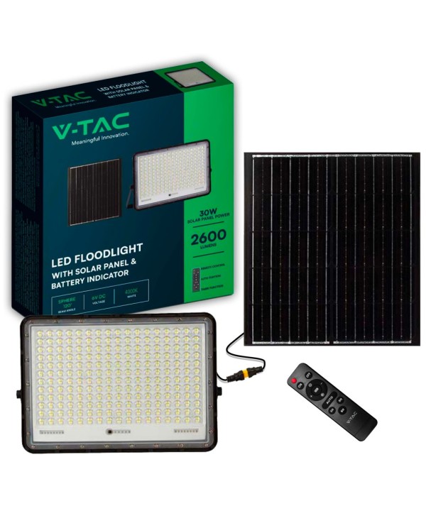 Faro LED con Telecomando e Pannello Solare 30W 2600LM Indicatore Batteria Cavo da 3m Colore Nero 4000K SKU-7830
