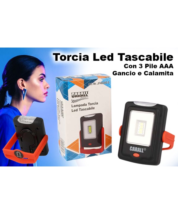 Torcia Led Tascabile Con 3 Pile AAA Gancio Calamita