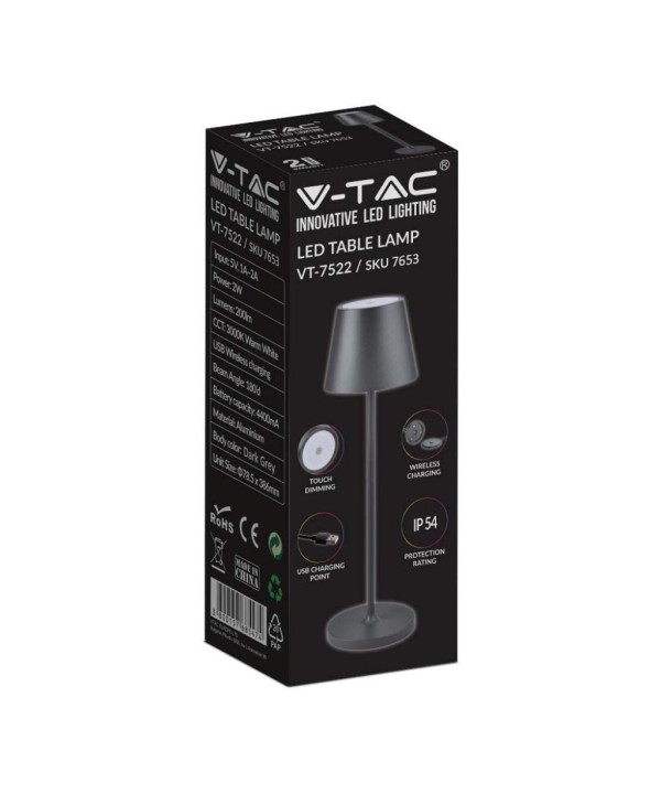 Lampada LED da Tavolo 2W Colore Grigio in Alluminio con caricatore Wireless e Touch Dimmerabile 3000K IP54 SKU-7653
