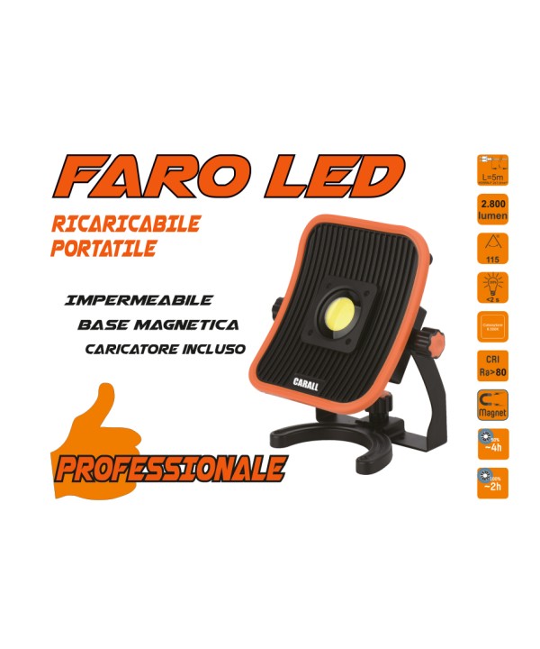 Proiettore Faro Led Flood Professionale 30W Ricaricabile e Cavo 5 Metri Dual System Base Magnetica Batteria Estraibile Utilizzabile Come Power Bank