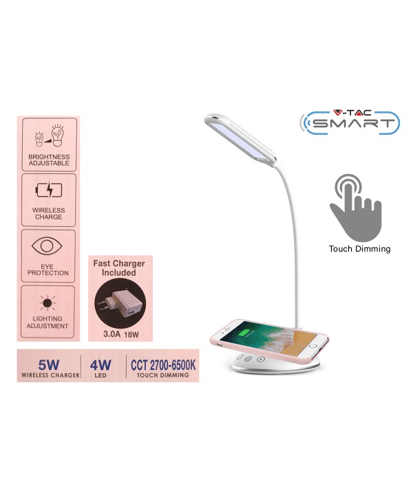 Lampada Led Da Tavolo 4W CCT Dimmerabile Con Caricatore Wireless QI Smartphone Base Rotondo SKU-8605