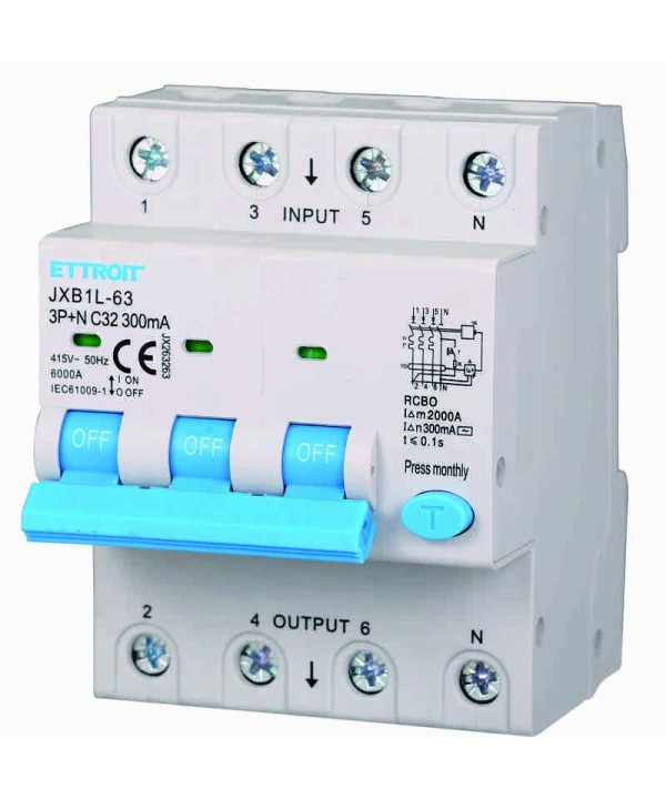 ETTROIT Interruttore Magnetotermico Differenziale 3P+N 32A 6KA 300mA 380V Occupa 4 Moduli DIN