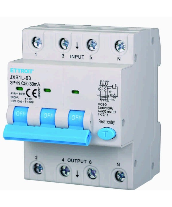 ETTROIT Interruttore Magnetotermico Differenziale 3P+N 50A 6KA 30mA 380V Occupa 4 Moduli DIN
