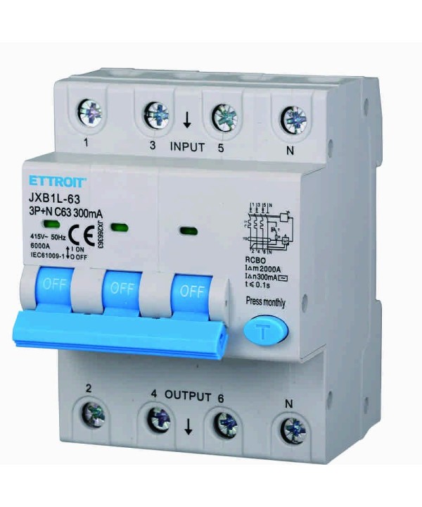 ETTROIT Interruttore Magnetotermico Differenziale 3P+N 63A 6KA 300mA 380V Occupa 4 Moduli DIN