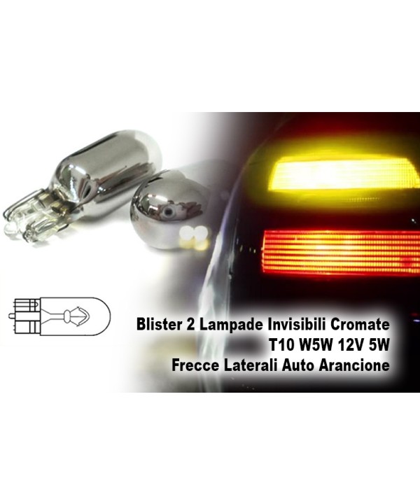 Blister 2 Lampade Invisibili Cromate T10 W5W 12V 5W Frecce Laterali Auto Arancione
