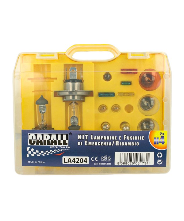 Kit Lampade Ricambio Emergenza Alogena Auto Bulbset 2X H4 12V 4 Fusibile (17 pz)