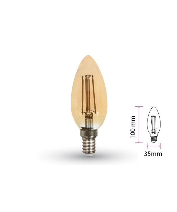 Lampada Filo Led a Filamento E14 C35 4W=35W Bianco Caldo 2200K Amber Candela A Goccia Oliva SKU-7113