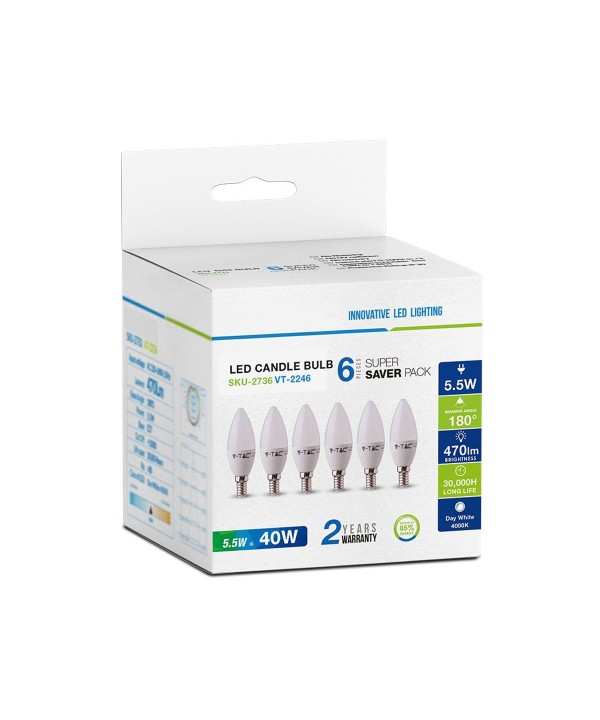 6 PZ Lampada A Led E14 C37 5,5W Bianco Caldo 2700K Forma Goccia Oliva Candela 200 Gradi 220V SKU-2736