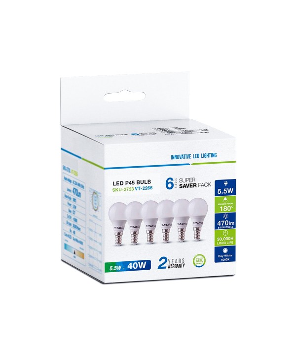6 PZ Lampada A Led E14 P45 5,5W Bianco Neutro 4000K Forma Bulbo 180 Gradi 220V SKU-2734