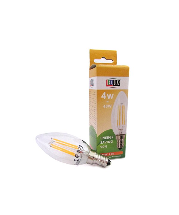 Lampada Filo Led a Filamento E14 C37 4W=40W 360 Gradi Bianco Caldo 2700K Candela A Goccia Oliva SKU-4301