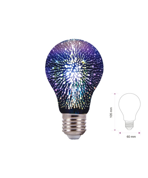 Lampada A Led E27 A60 Bulbo Filamento Effetto Speciale 3D In Vetro 3W 3000K SKU-2704