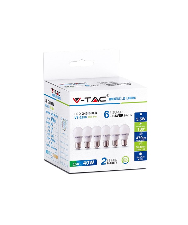 6 PZ Lampada A Led E27 G45 5,5W Freddo 6400K Forma Sfera Bulbo Palla 180 Gradi 220V SKU-2732