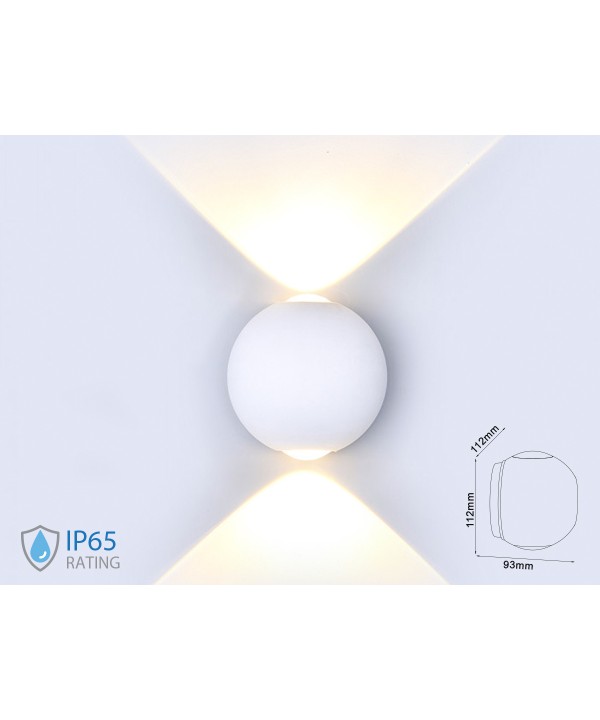 Applique Lampada LED da Muro Palla Sferica 6W 4000K Carcassa Bianca Doppio Fascio Luminoso IP65 SKU-8302