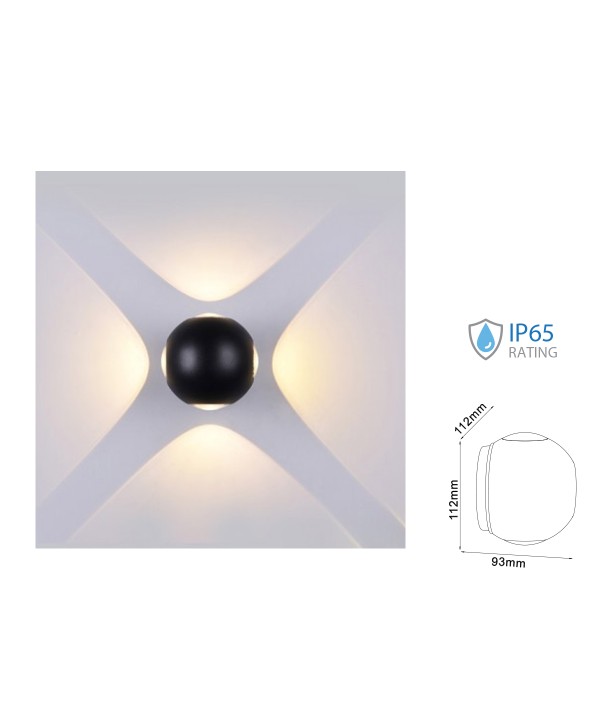 Applique Lampada LED da Muro Palla Sferica 4X1W 3000K Carcassa Nera Illuminazione 4 Lati IP65 SKU-8553