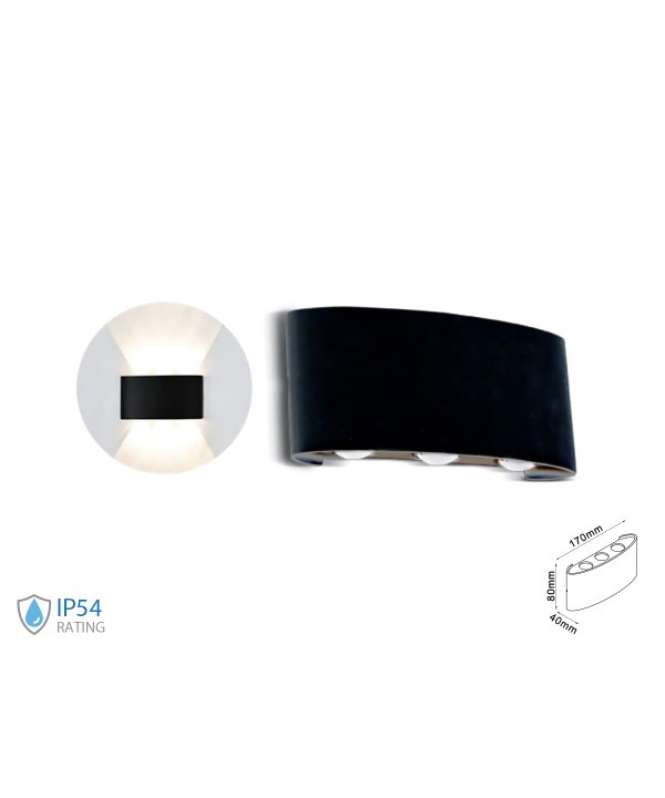Applique Led Da Parete 6W Caldo 3000K Carcassa Nera Doppio Illuminazione Up-Down IP54 SKU-218615