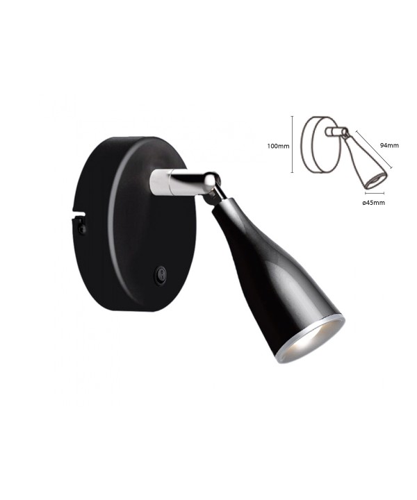 Applique Lampada Led Da Parete Con Interruttore Carcassa Nera 3000K Testa Orientabile IP20 4,5W SKU-8676