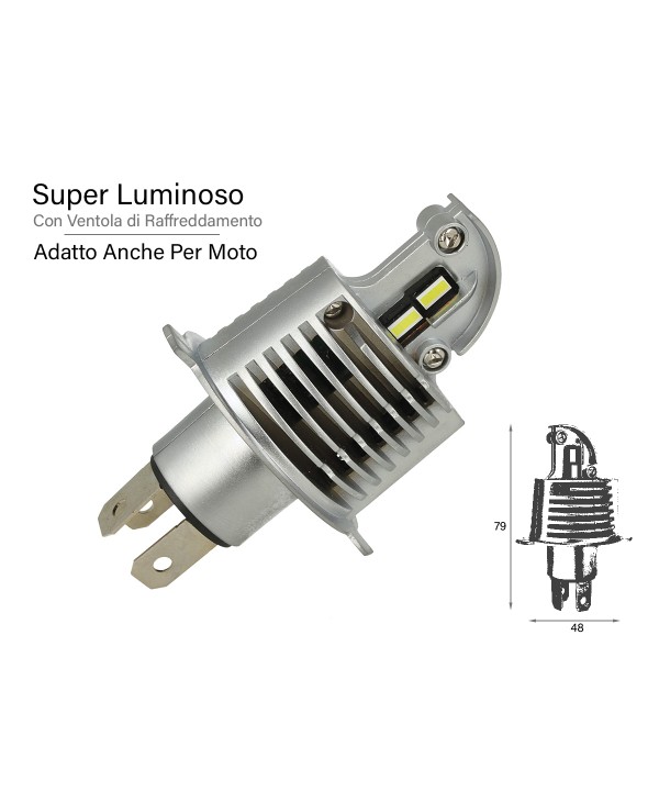 Kit Full Led All In One Canbus H4 30/30W 12V 24V Per Auto Moto Scooter Camion Bianco 4000 Lumen Con Ventola Silenziosa Singolo Pezzo