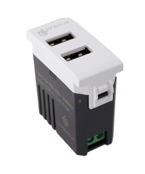 Modulo Presa Caricatore USB 5V 2,4A 2 Porte USB-A Colore Bianco Compatibile Con Bticino Living e Vimar Plana