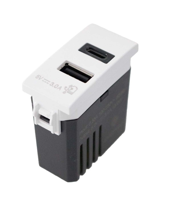 Modulo Presa Caricatore USB 5V 3A  USB-A + USB-C Colore Bianco Compatibile Con Bticino Living e Vimar Plana