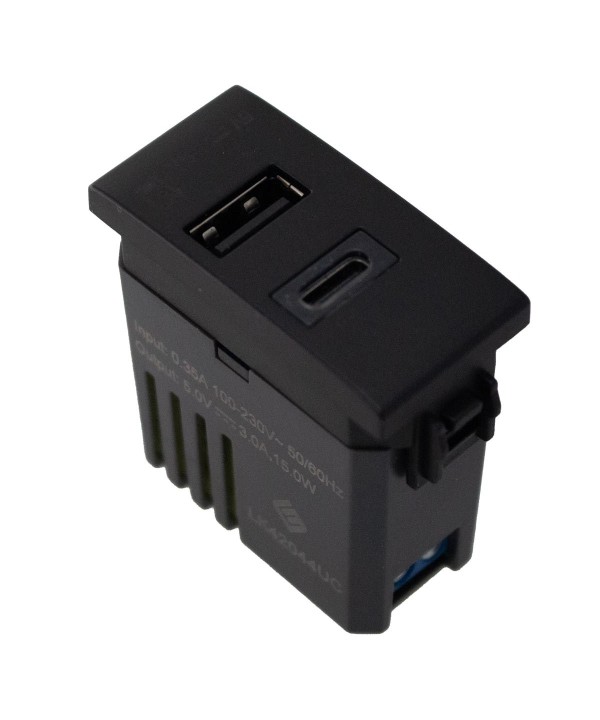 Modulo Presa Caricatore USB 5V 3A  USB-A + USB-C Colore Nero Compatibile Con Bticino Living e Vimar Plana