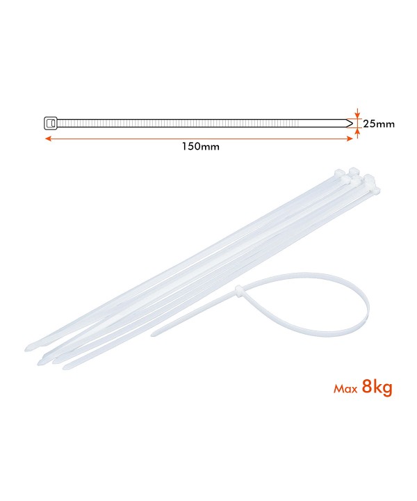 100 Fascette Cablaggio Stringicavo 2.5X150mm Colore Bianco Per Legare Fili Cavi SKU-11161
