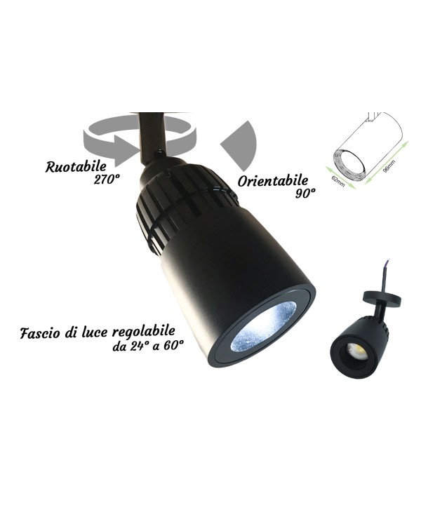 Faro Lampada Led Da Soffitto Parete Muro 10W Bianco Neutro Corpo Nero Angolo Luce Regolabile Da 24 a 60 Gradi 220V