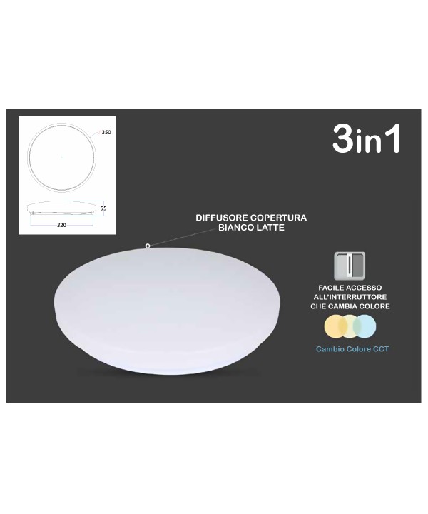 Plafoniera A Led Da Soffitto CCT Rotondo 24W D350mm Cambia Colore 3 in 1 3000K 4000K 6400K SKU-217607