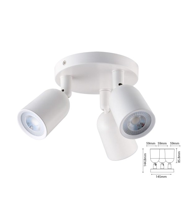 Plafoniera Portafaretto GU10 Testa Tripla Rotondo Orientabile Montaggio a Plafone Colore Bianco SKU-7982
