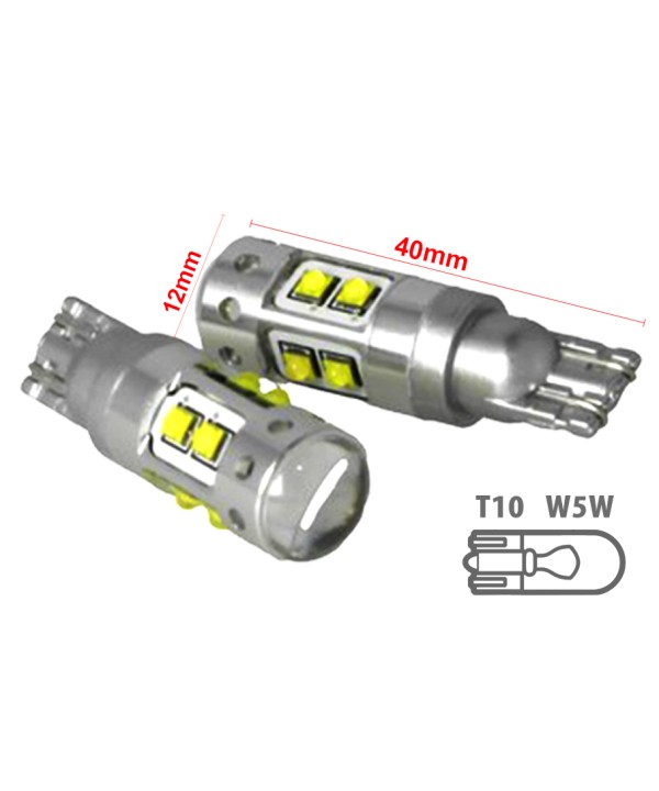 Lampada Led T15 W16W T10 W5W 12V 50W 10 Smd Cree Con Lente No Polarita Bianco Super Luminoso