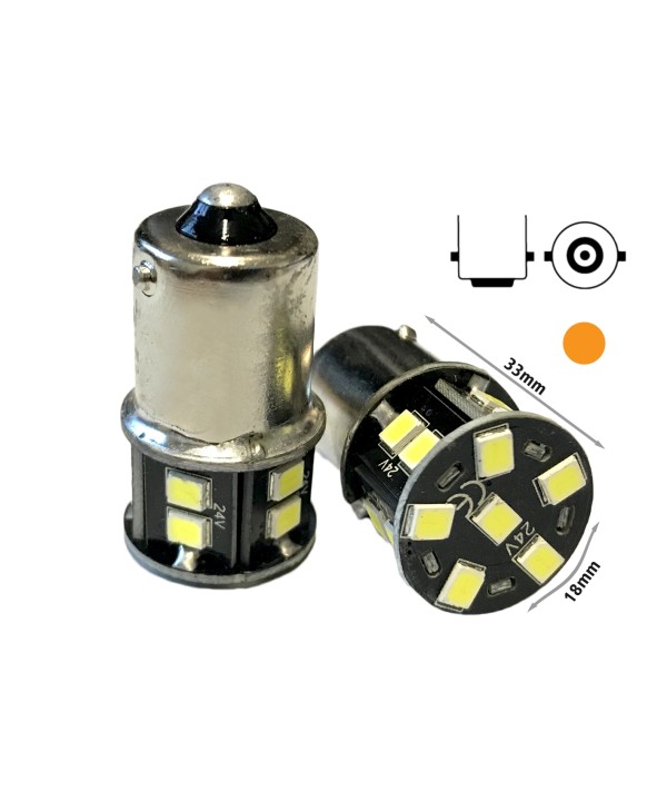 24V Lampada Led BA15S G18 R5W Colore Arancione 16 Smd 2835 Piedi Dritti Luce Frecce No Polarita 360 Gradi Durata Garantita