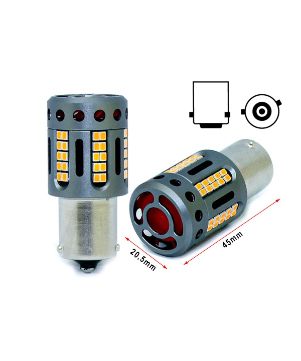 Lampada Led 1156 BAU15S PY21W 100% Canbus 12V 21W Effettiva Arancione Piedi Storti Con Ventola In Testa