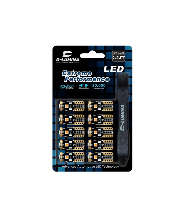 10 Lampada Led T10 W5W Canbus 12V 3 SMD 3030 Ambra Arancione + Leva Rimozione Antigraffio