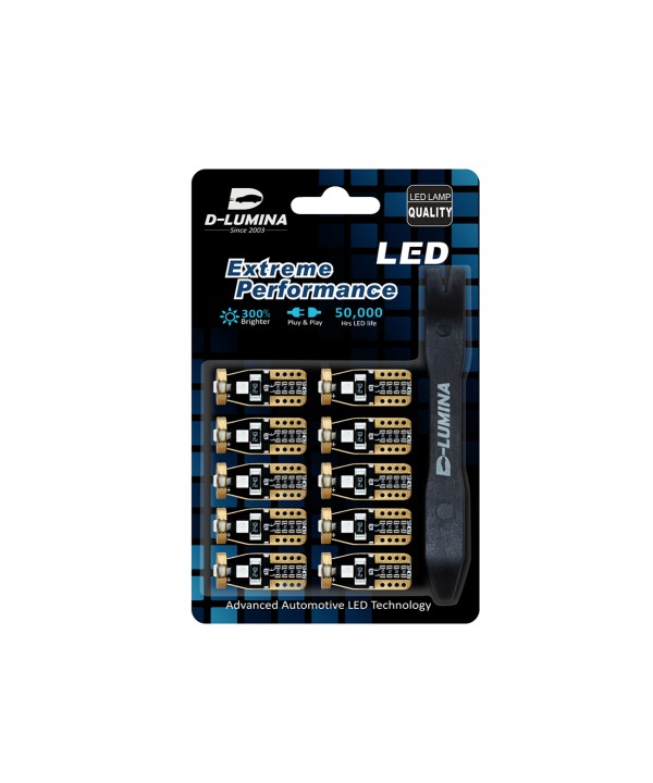 10 Lampada Led T10 W5W Canbus 12V 3 SMD 3030 Rosso + Leva Rimozione Antigraffio