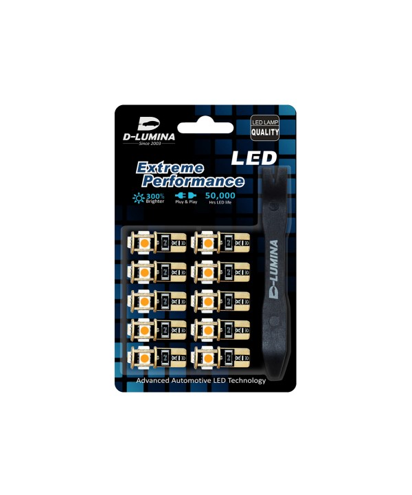 10 Lampada Led T10 W5W Canbus 12V 5 SMD 5050 Ambra + Leva Rimozione Antigraffio