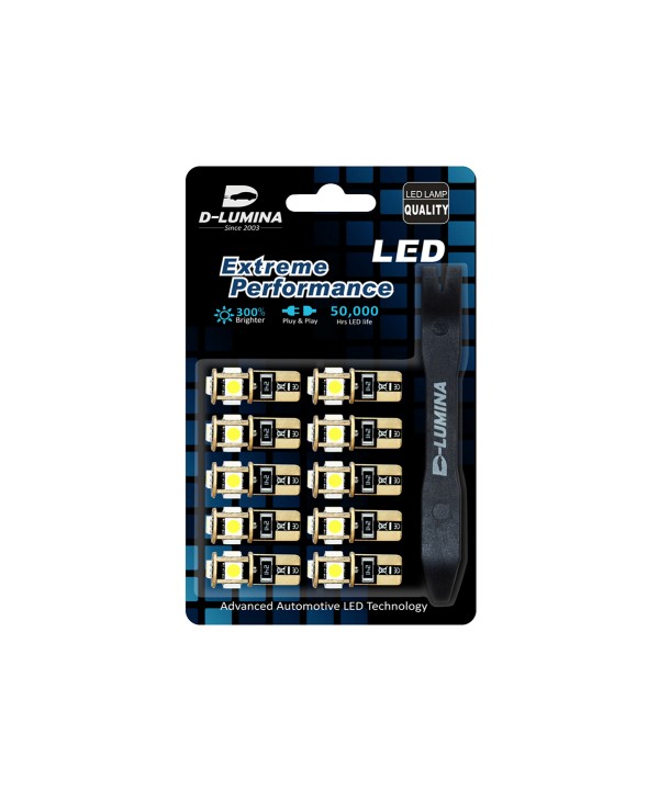 10 Lampada Led T10 W5W Canbus 12V 5 SMD 5050 Bianco Freddo 6000K + Leva Rimozione Antigraffio
