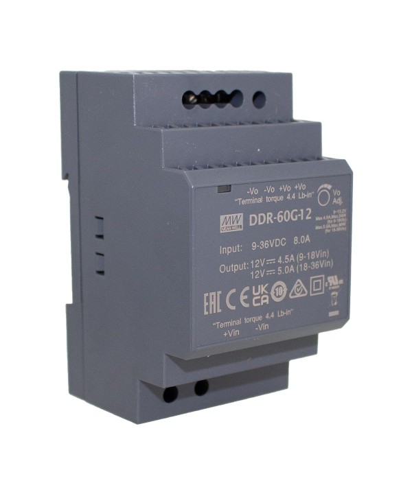 MeanWell DDR-60G-12 Convertitore tipo DC-DC per Guida DIN Input 9-36V Output 12V 5A 60W