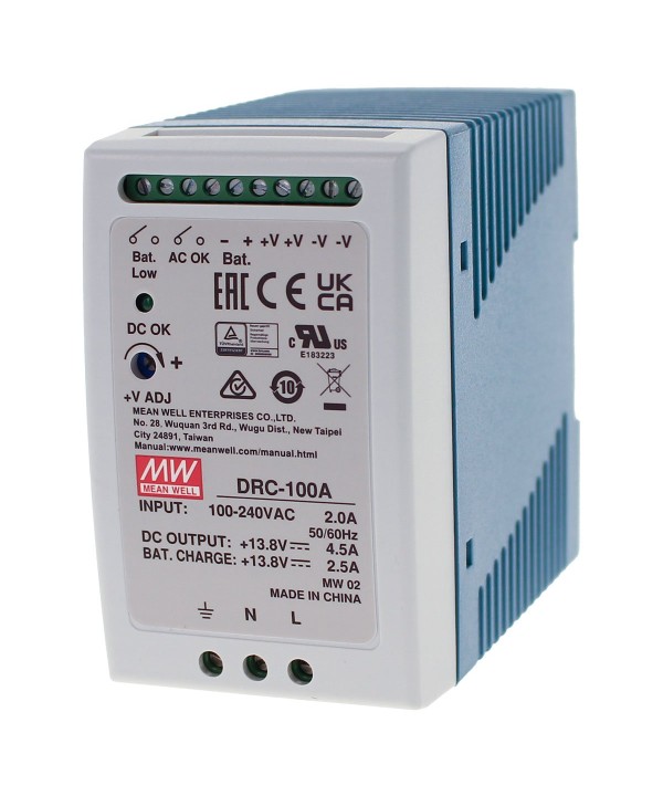 MeanWell DRC-100A Alimentatore AC/DC 100W montaggio Su Guida DIN con Funzione di Carica Batteria (UPS) Output 12Vdc at 4,5A