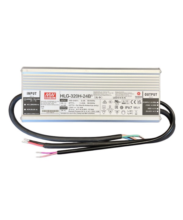 MeanWell HLG-320H-24B Alimentatore IP67 320W 24V 13,34A Dimmerabile 1-10V PWM Input 220V e 110V