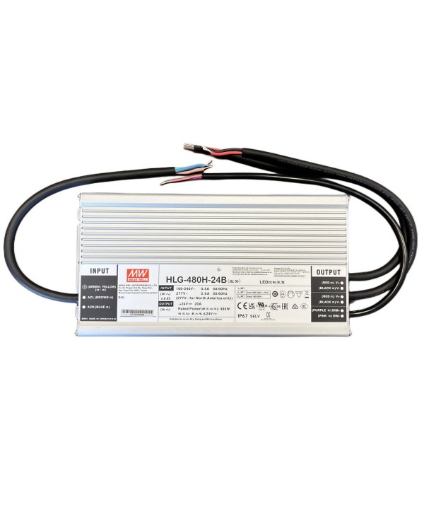 MeanWell HLG-480H-24B Alimentatore IP67 480W 24V 20A Dimmerabile 1-10V PWM Input 220V e 110V