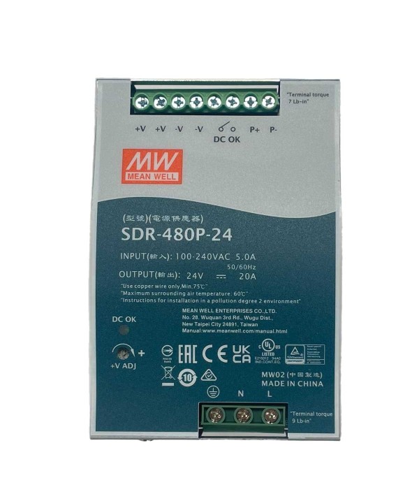 MeanWell SDR-480P-24 Alimentatore DIN RAIL 480W 24V 20A Per Automazione Industriale Input 220V 110