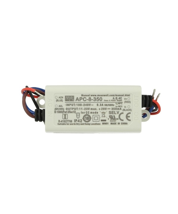 Led Driver CC MeanWell APC-8-350 Trasformatore 350mA 11V-23V DC 8W Corrente Costante IP42