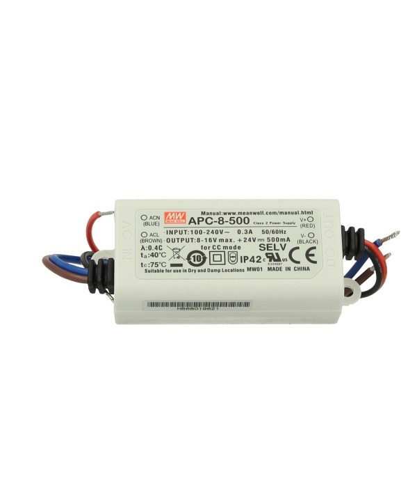 Led Driver CC MeanWell APC-8-500 Trasformatore 500mA 8V-16V DC 8W Corrente Costante IP42