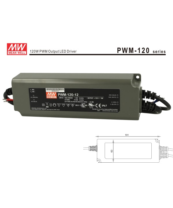Alimentatore Led Meanwell PWM-120-12 Dimmerabile 120W 12V IP67 Dimming 3 in 1 0-10V 10V PWM Resistance