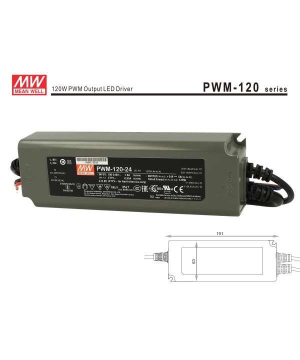 Alimentatore Led Meanwell PWM-120-24 Dimmerabile 120W 24V IP67 Dimming 3 in 1 0-10V 10V PWM Resistance