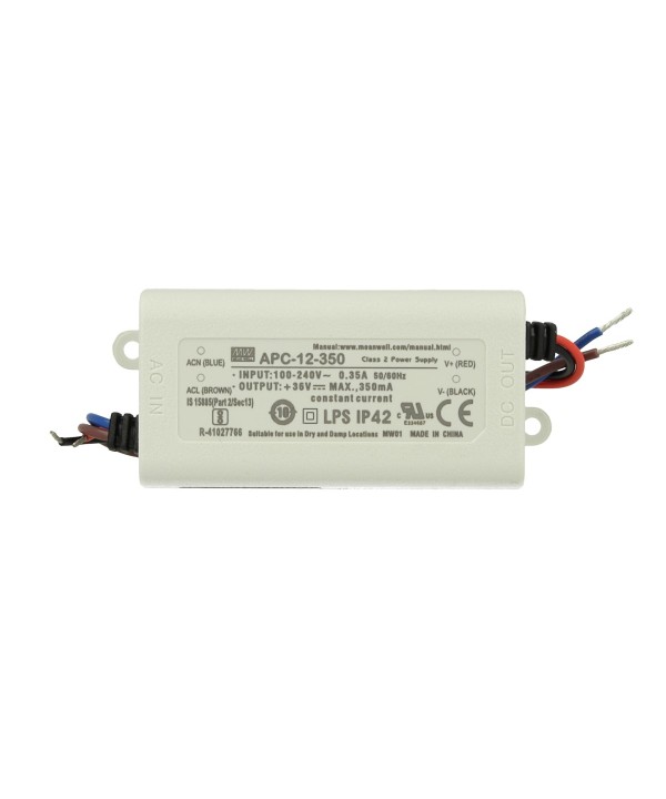 Led Driver CC MeanWell APC-12-350 Trasformatore 350mA 9V-36V DC 12W Corrente Costante IP42